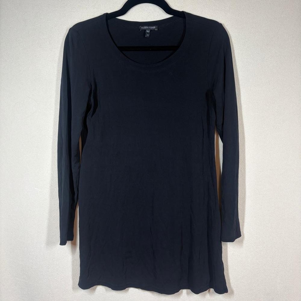 Eileen Fisher 100% Silk Jersey Long Sleeve Scoop Neck Tunic Top XS Black Capsule